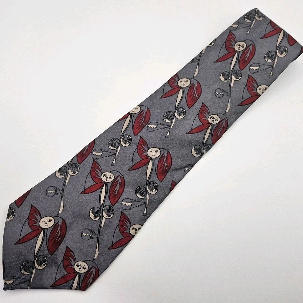 Picasso Tie Necktie Woman Flower Gray Red‎ 100% Silk Abstract Cubism Art